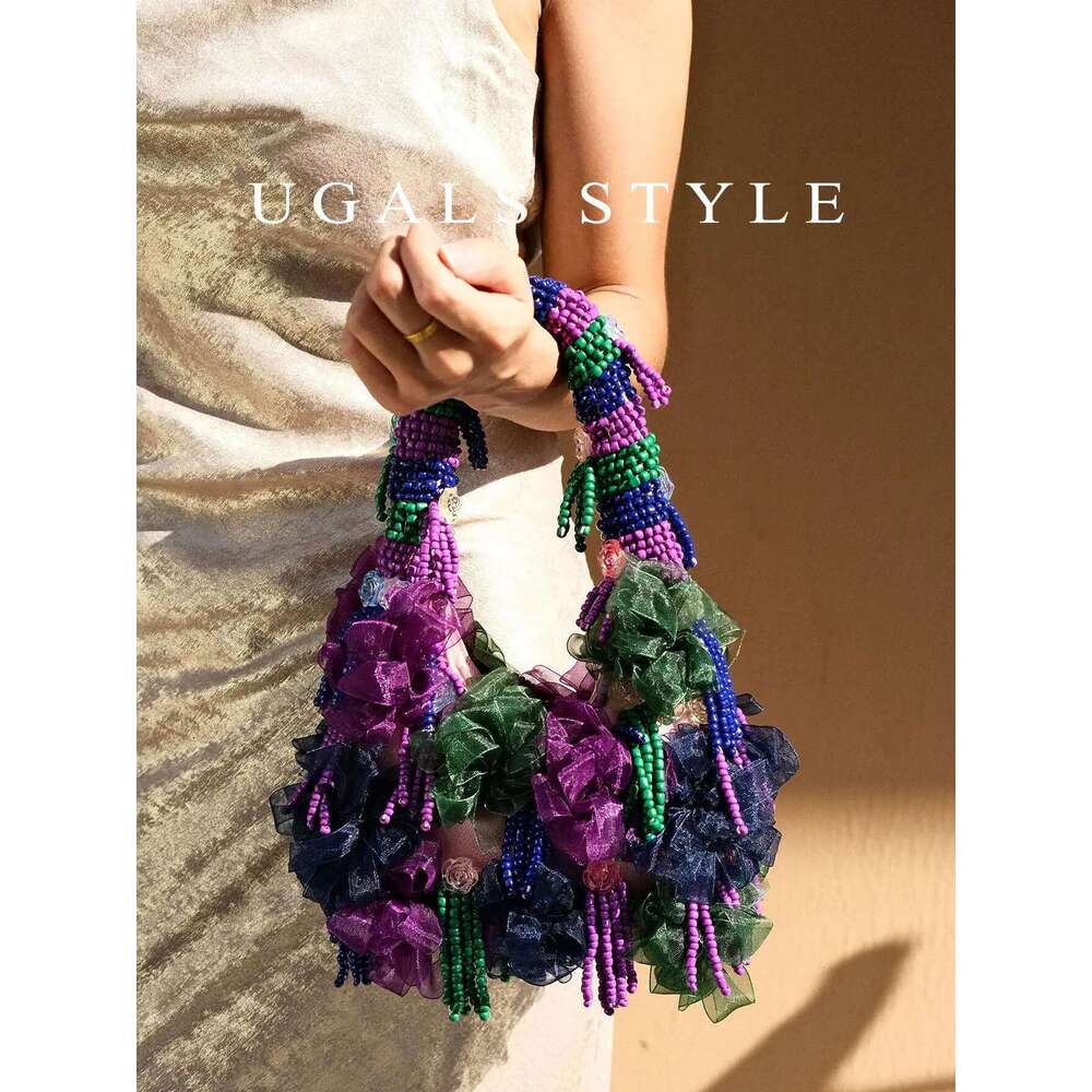 Handmade Bead Woven Pearl Flower Bucket For Women Handbag Beach Vacation Phone Clutch Party Bag