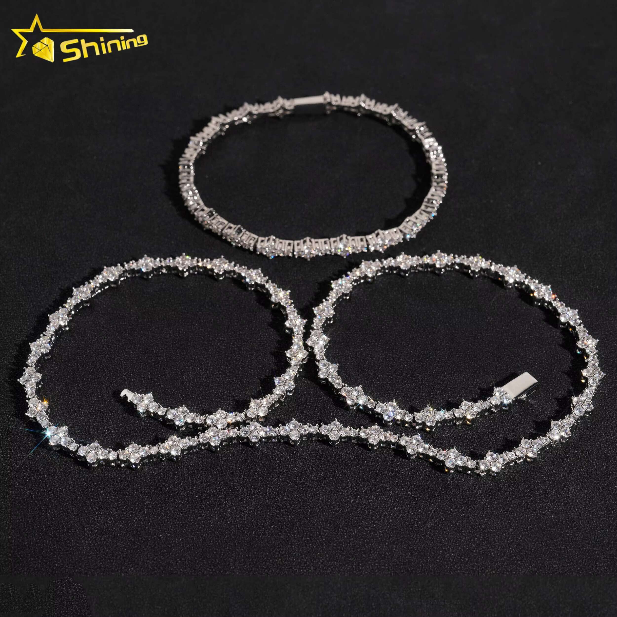 New Arrivals High Quality Fashion Iced Out Cross 3MM Flower 925 Silver Necklace Moissanite Tennis Chain