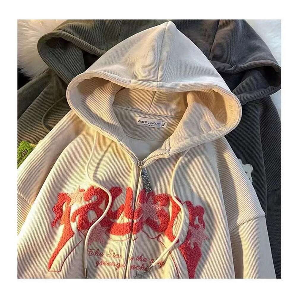 Women Y2k Embroidery Retro Hoodies Autumn Winter Corduroy Zip Up Hoodie Long Sleeve Fashion Loose Graphic Sweatshirt Casual Coat Designer
