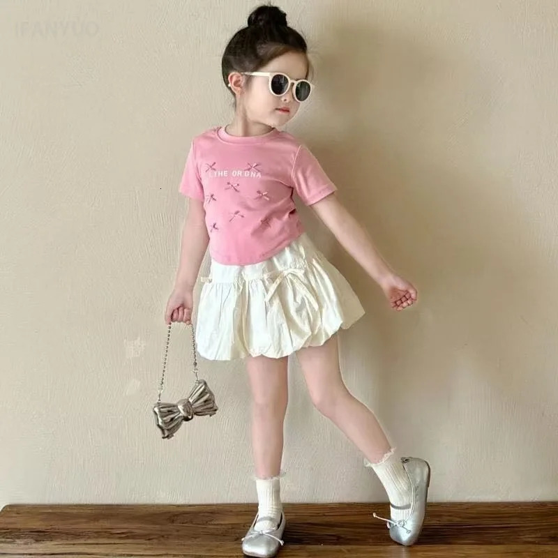 2-8Y Baby Girls Short Shirt Skirt Set Korean Sweet Ballet Style Princess Bow Top Short Sleeved Flower Bud Skirt Baby Dress Sets 250515