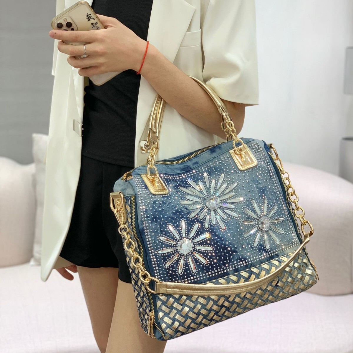 2025S designer new fashionable handbag with diamond inlaid denim woven women versatile shoulder crossbody bag