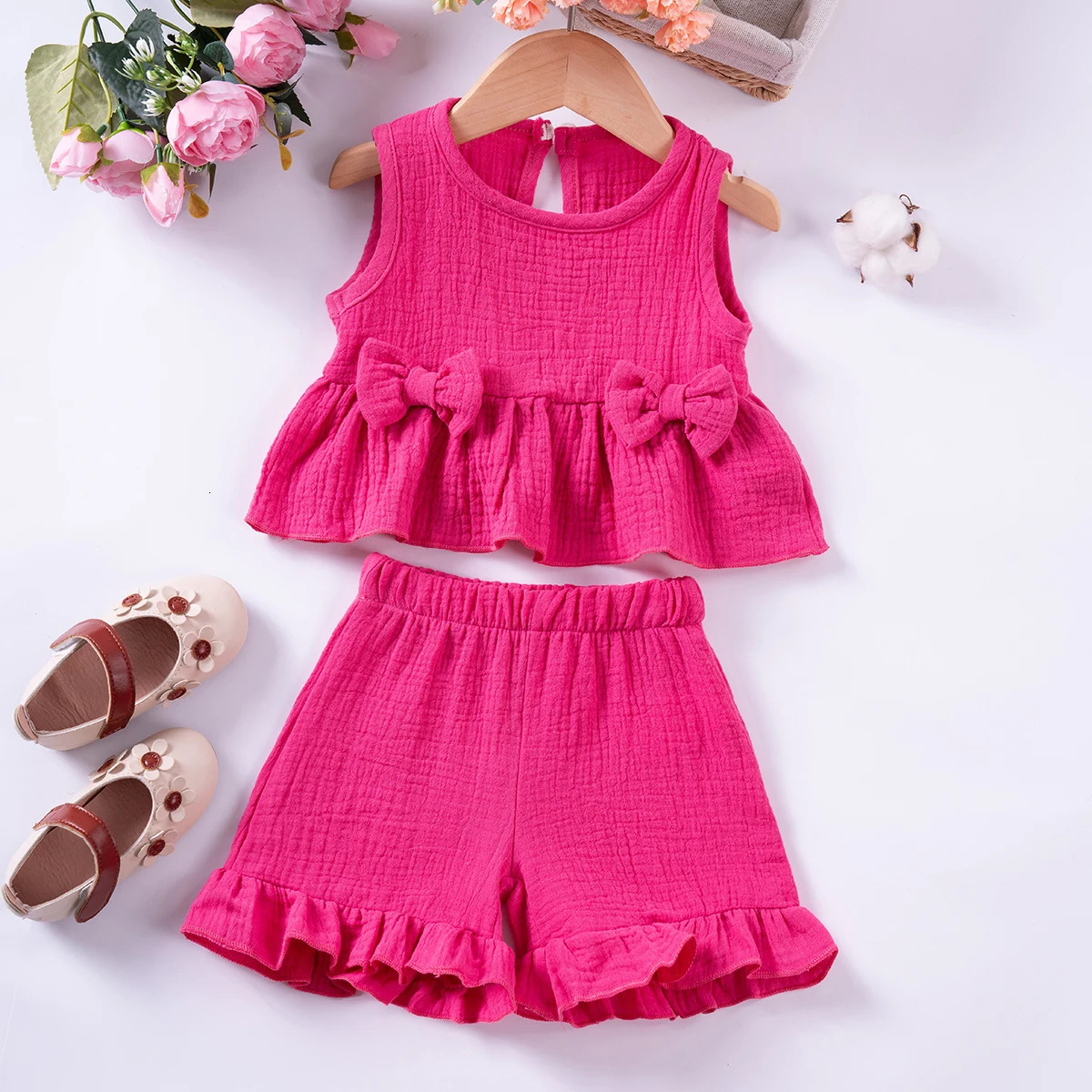 Toddler Girls Muslin Cotton Suits Solid Color Bow VestShorts 2pcs Clothes Sets Sleeveless Cute Casual Baby Girls Outfits 250515