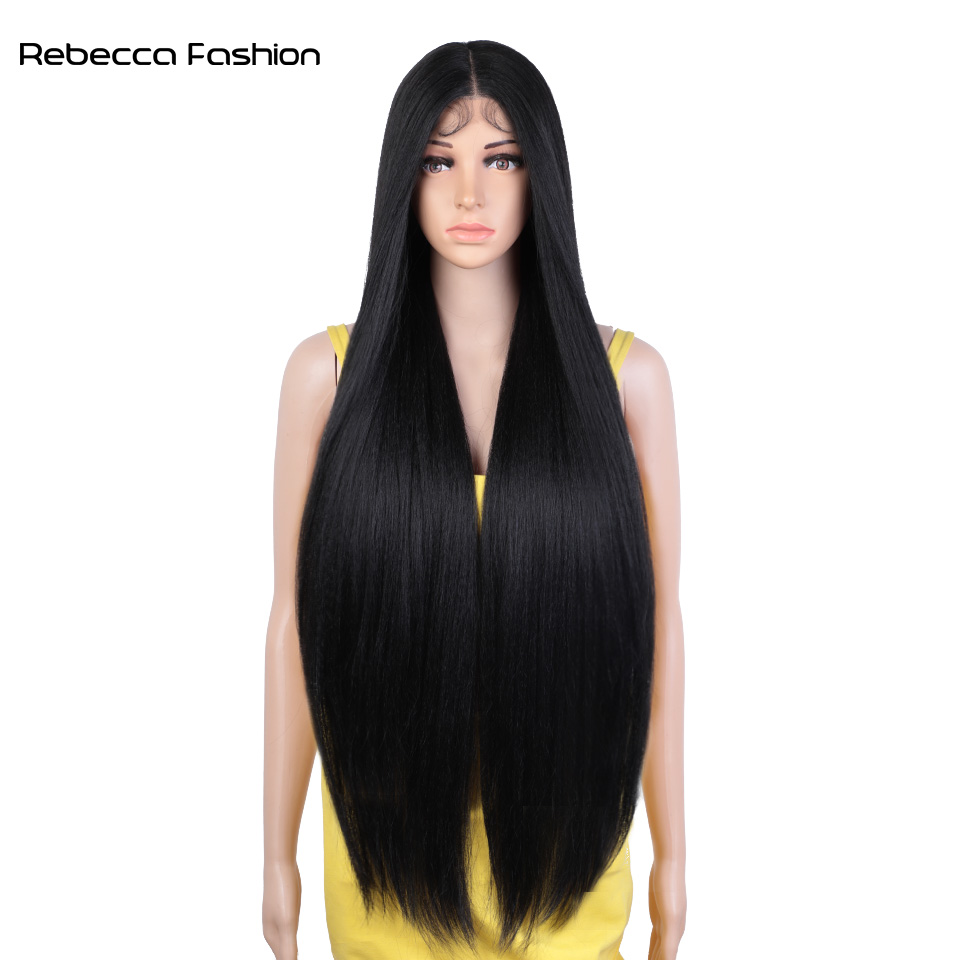 Rebecca Fashion Straight Synthetic Lace Front For Women 36 Inch Long Natural Black Lace Frontal Wigs Cosplay Wig