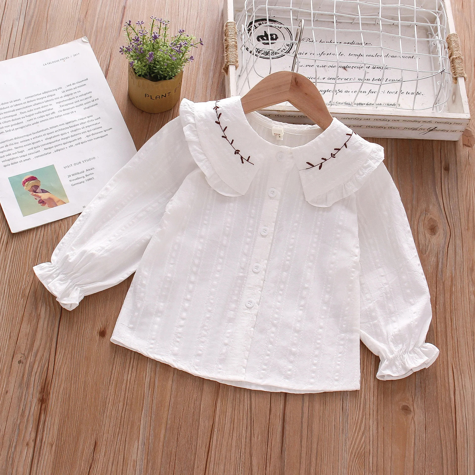 Girls Long Sleeve Shirt Big Lapel Ruffle Embroidered Shirt 250515
