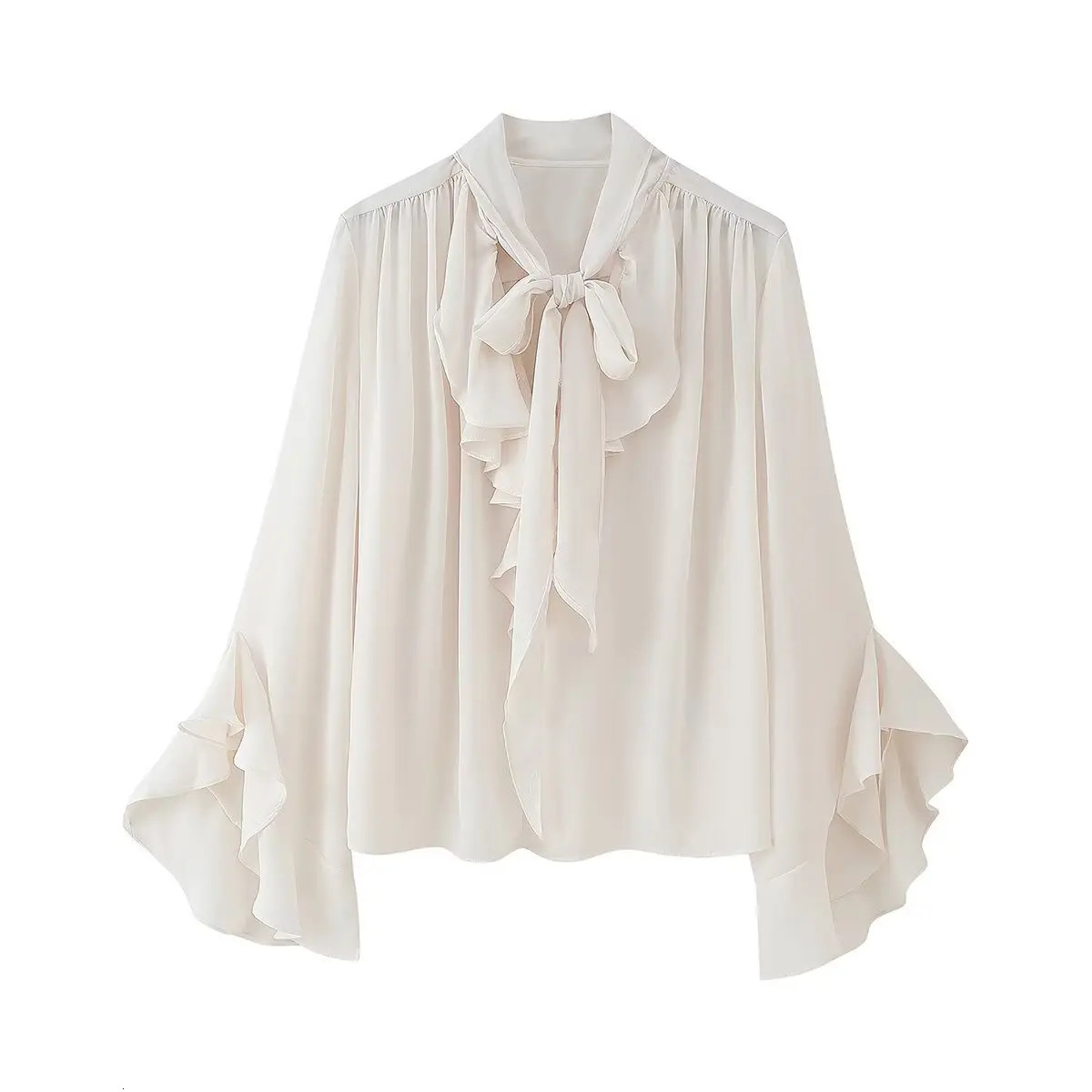 UNIZERA womens shirt with ruffled neckline and lace up loose flowing temperament summer style 250515