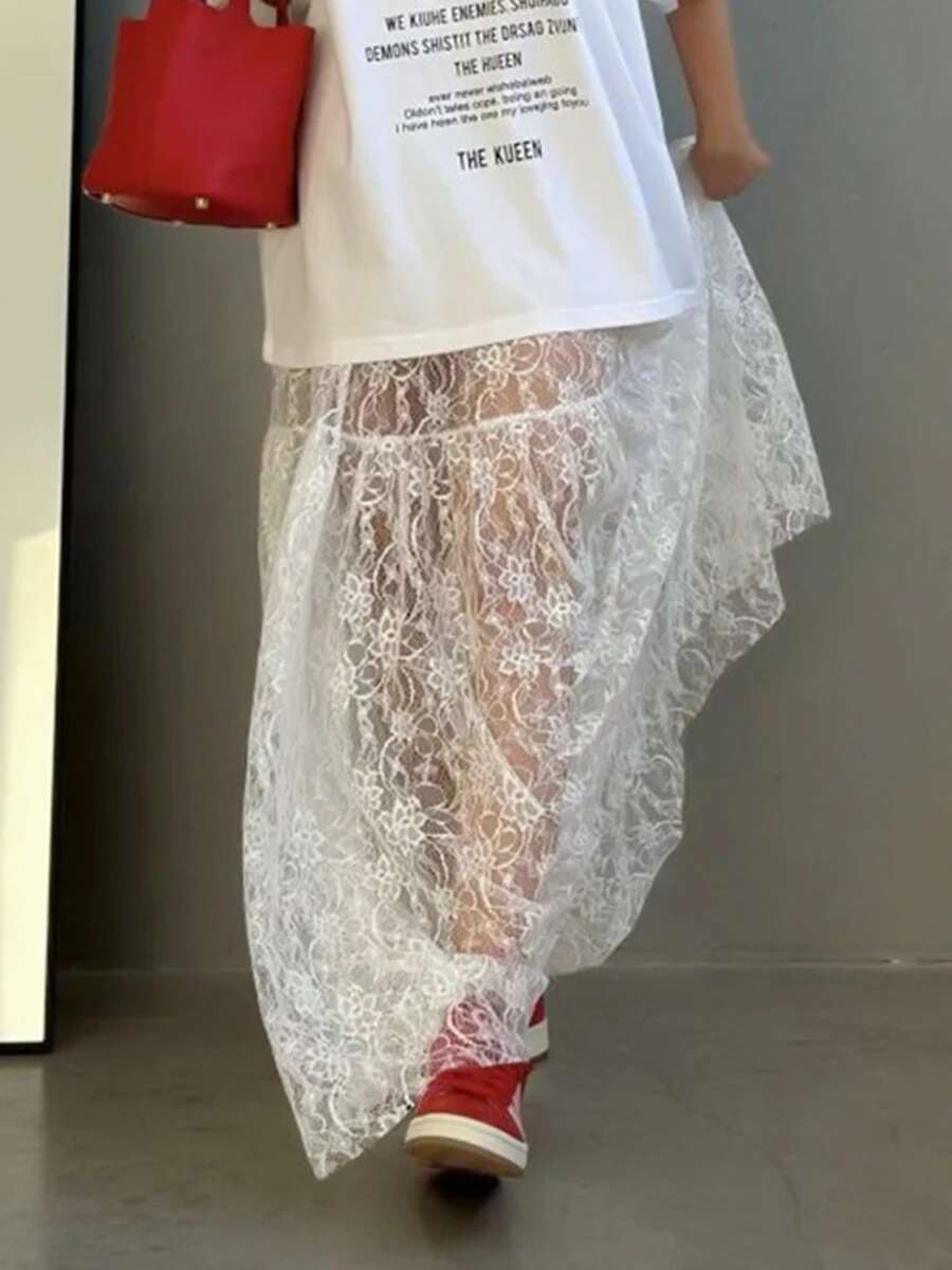 Lace Jacquard Transperant Women Summer New High Waist Sexy Casual Long Skirts 2025 Streetwear Fashion White Maxi Skirt