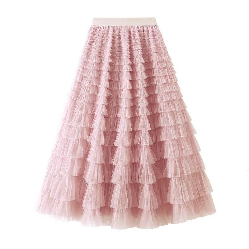 Arrival Tulle Cake Long Skirt Women Spring Summer Ruffle Pleated ALine Chic Ladies Sweet Black White Tutu Skirts 250515