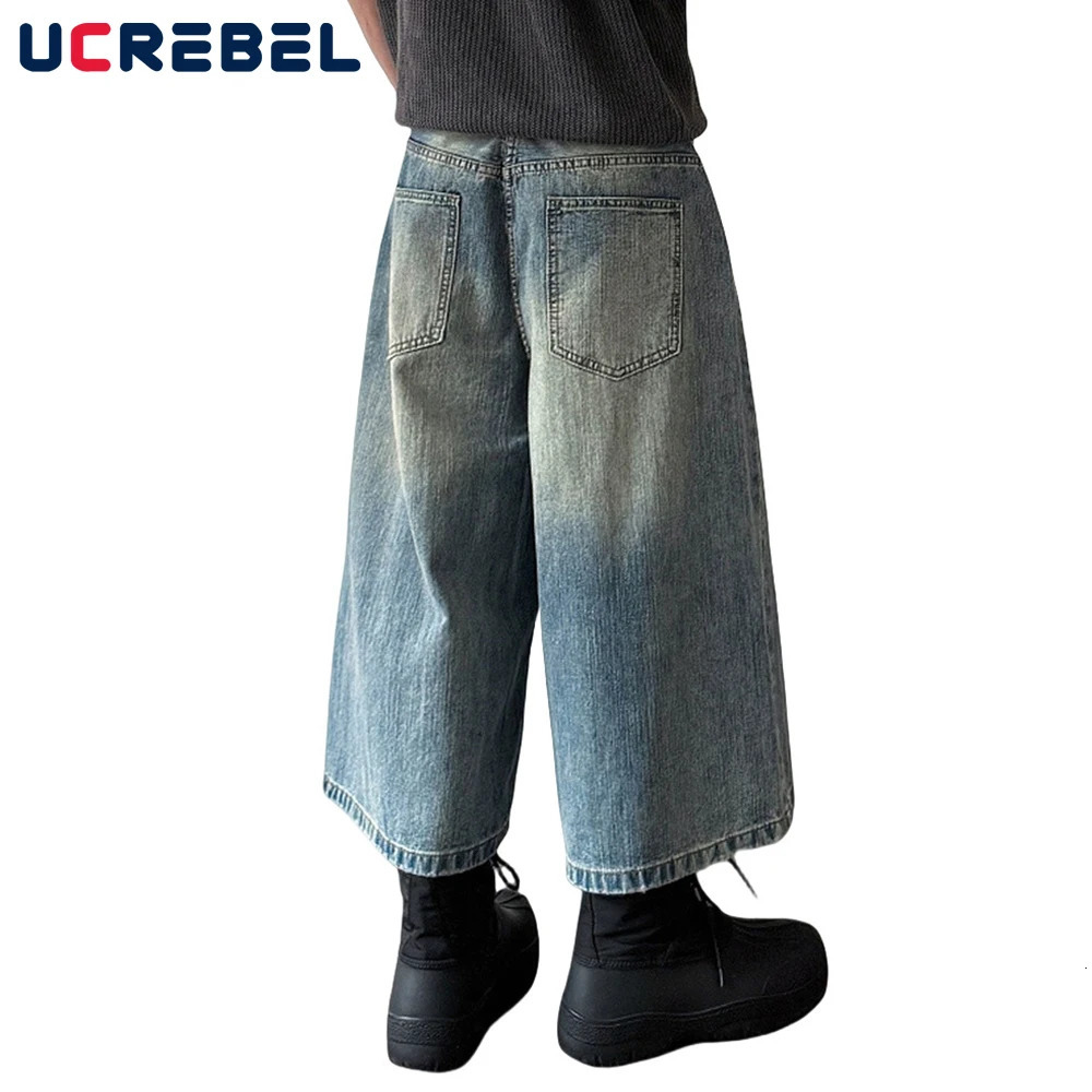 Bamboo Pattern Denim Cropped Trousers Mens Retro High Street Loose Wide Leg Pocket Short Jeans Men 250515
