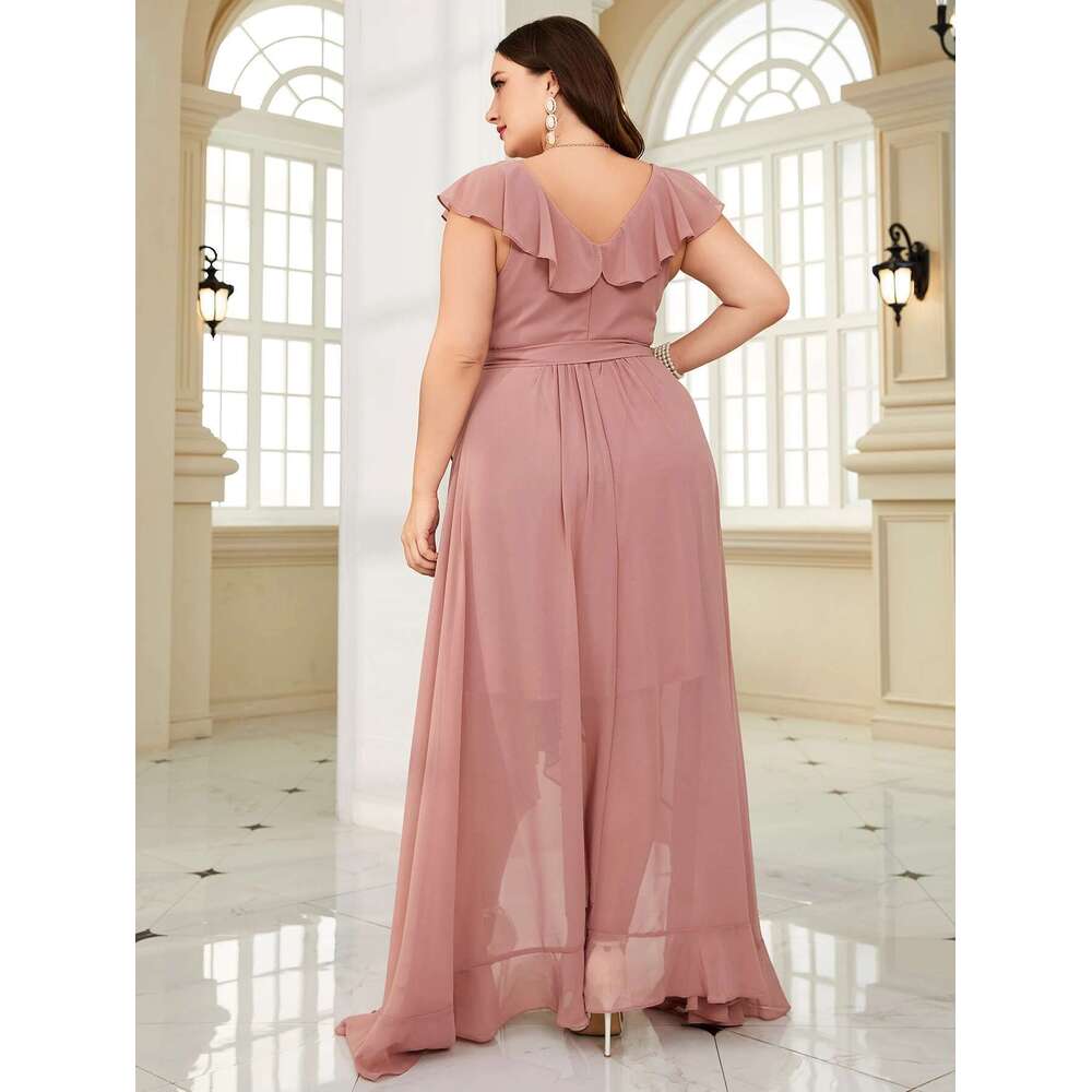 Unithorse Plus Size Women Summer Asymmetric Ruffle Lace With Waist Belt Elegant Chiffon Formal Bridesmaid Dress