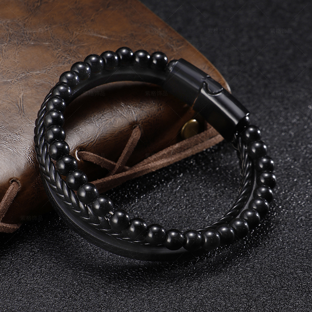 Handcrafted Men's Beaded Bracelet with Natural Tiger Eye Stones & Stainless Steel Cross - Leather & Alloy Material for Stylish Fashion Accessorie