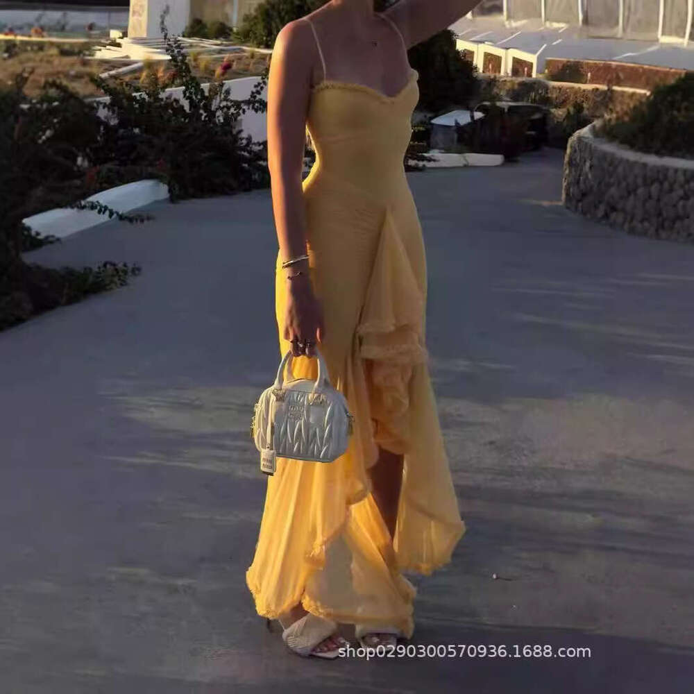 White Dress Maxi Dress Autumn New Temperament Yellow Lace Long Spicy Girl Suspender Dress KQ