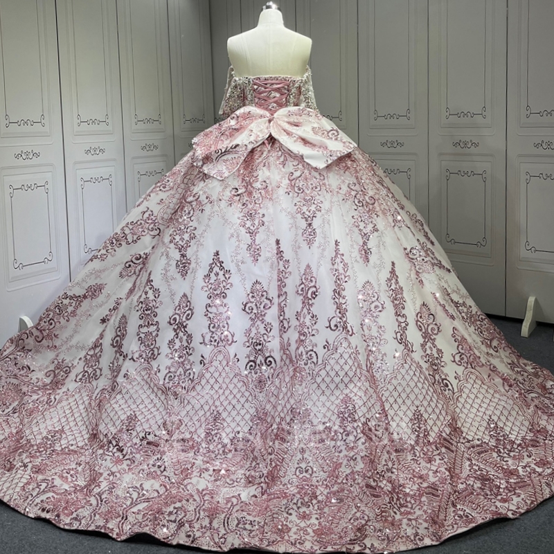 Pink Shiny Quinceanera Dresses Off Shoulder Ball Gown Sweet 16 Dress Beading Sequin Applique Lace Bow Tull Birthday Party Vestidos 15 Anos