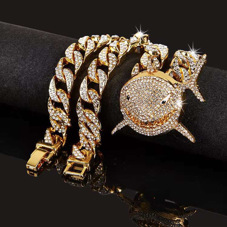 Fashionable Domineering Big Shark Pendant Necklace Dia Hip-hop Cuban Chain Jewelry for Men
