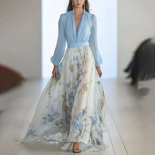 2025 women's digital printed sleeved V-neck patchwork long skirt dress