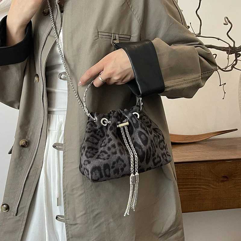 Ring Handle Rhinestones Clutch Bag Retro Leopard Handbag Luxury Party Purse Drawstring Bucket Crossbody Mini Canvas Bags BrownXJ250515