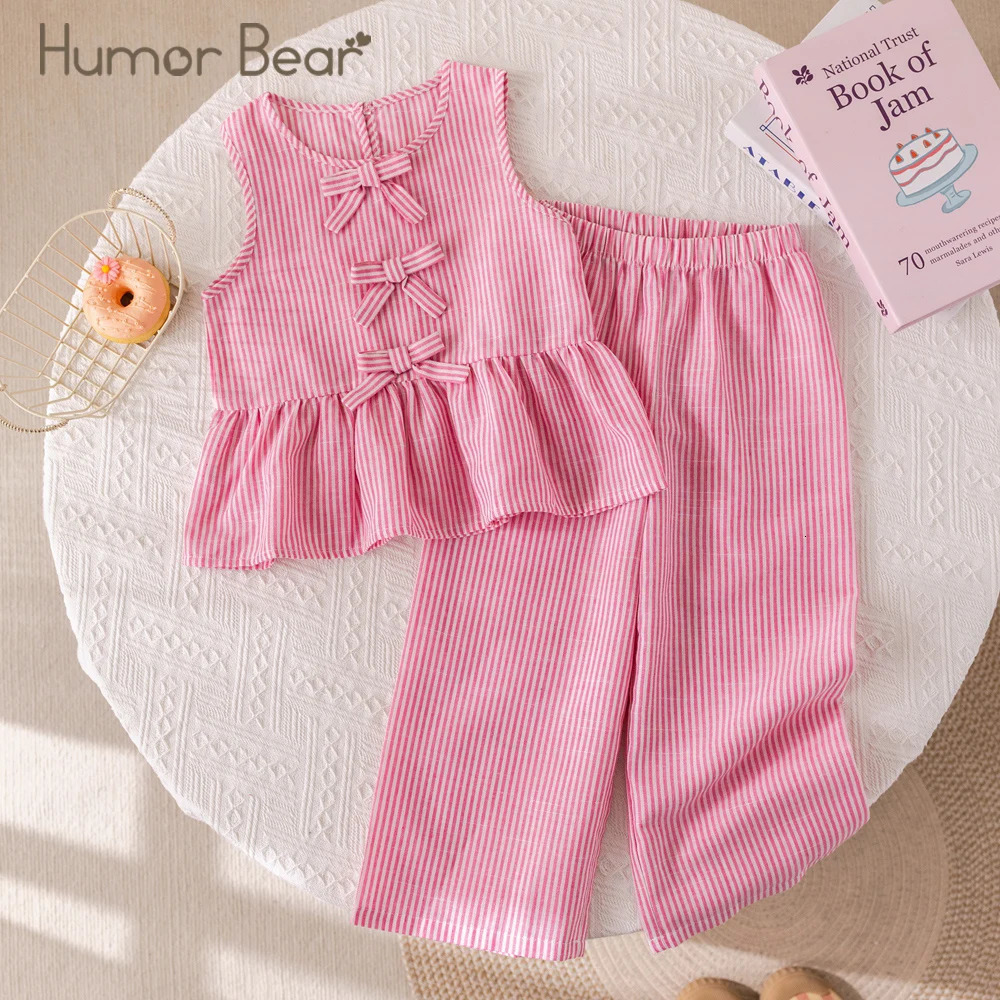 Humor Bear Summer Girls Suits Pink vertical stripe Bow Sleeveless Vest TopPants Two-piece Set Sweet Kids Clothing Sets 250515