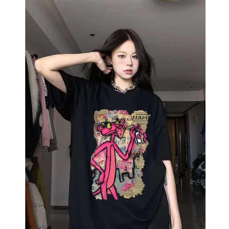 Funny Pink Leopard Man T Shirt Heavy 100% Cotton Y2k T-Shirt Summer Oversized loose Short Sleeve Tee Cartoon Print Tshirt Tees