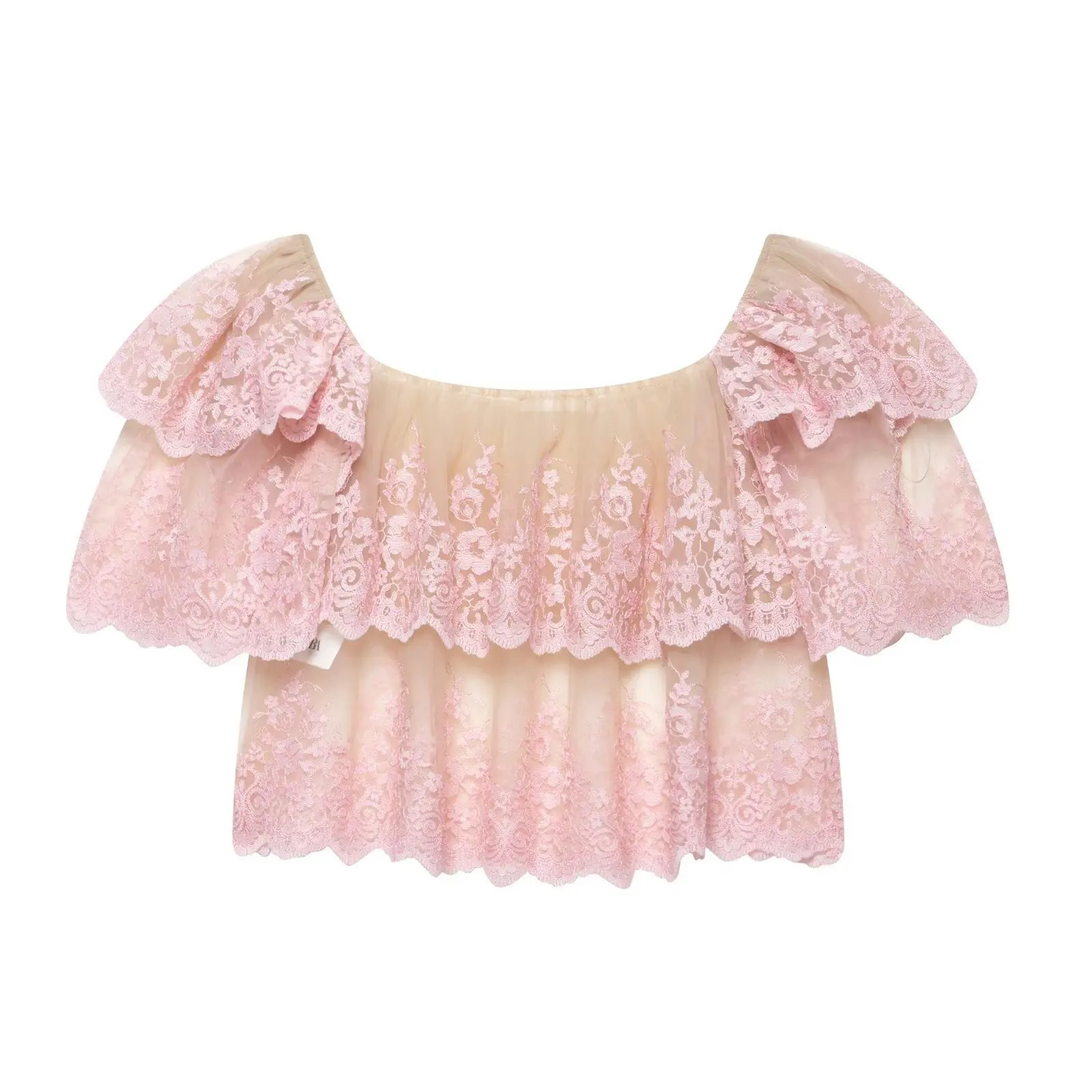 ZBZA Womens Lace ed Cropped Top Layered Square Collar Shortsleeved Contrast Color Pullover Shirt Summer Chic 250515