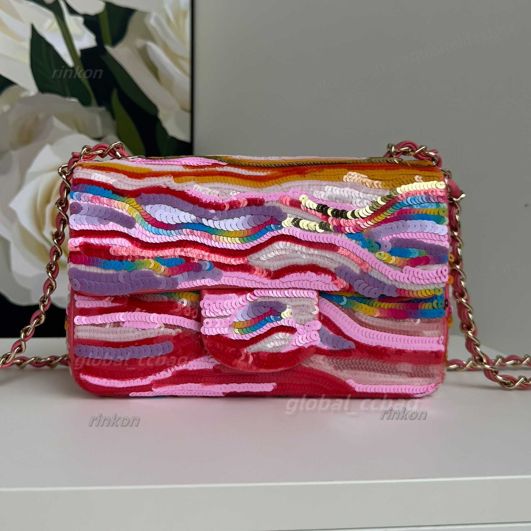 2025 10A flip sequin bag genuine leather bead tablet shoulder bag lady sequin crossbody bag rainbow top quality tote sequin new lady totes bling handbags
