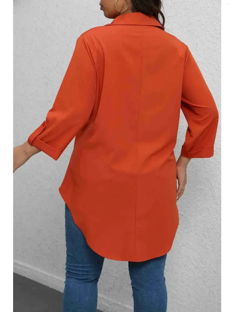 Plus Size 1XL5XL Fashion Womens Solid Color RollUp Sleeves TurnDown Collar Blouse Ladies ButtonUp Casual Chic Top Shirt 250515
