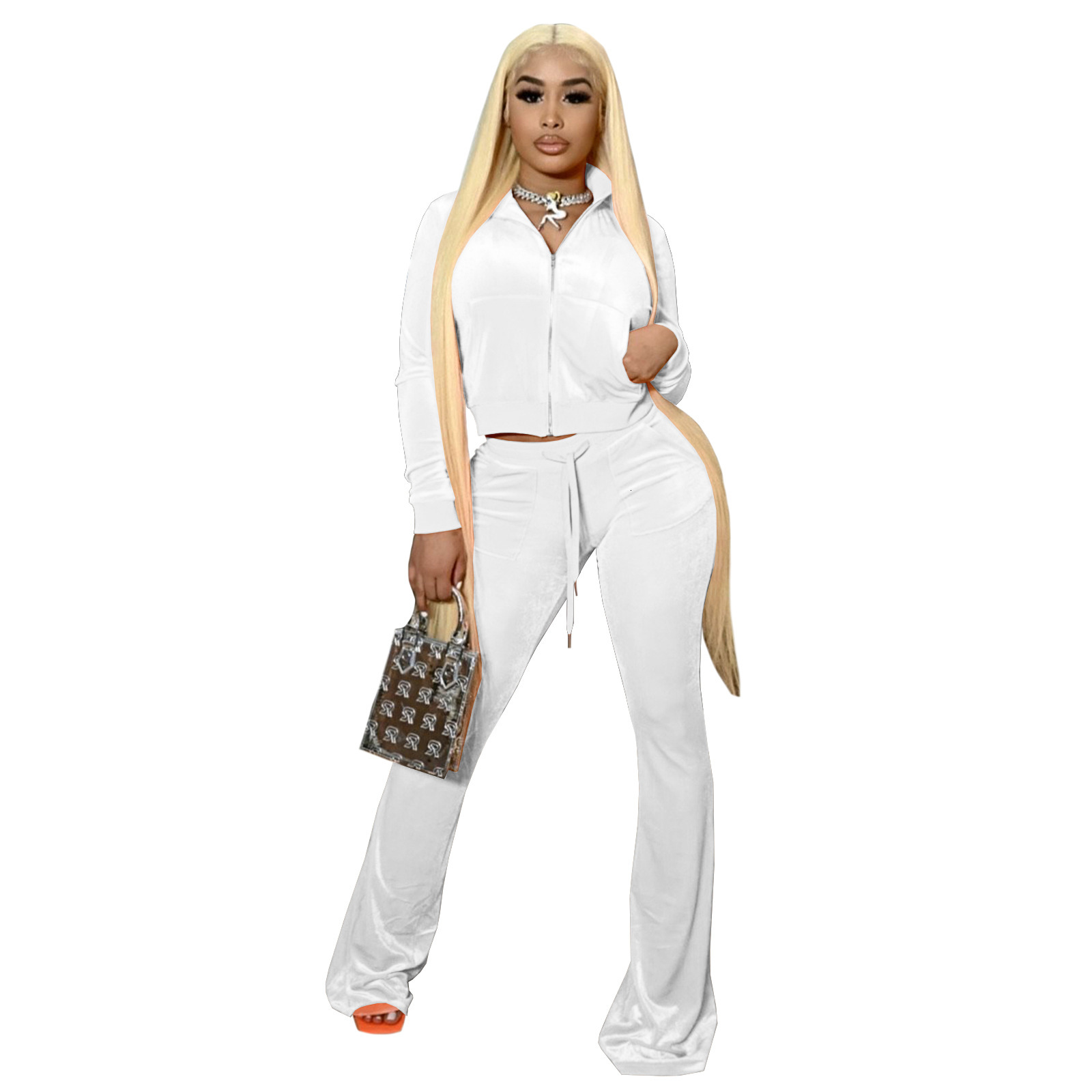 Hr8191 fashion womens quality solid color open navel flared pants set