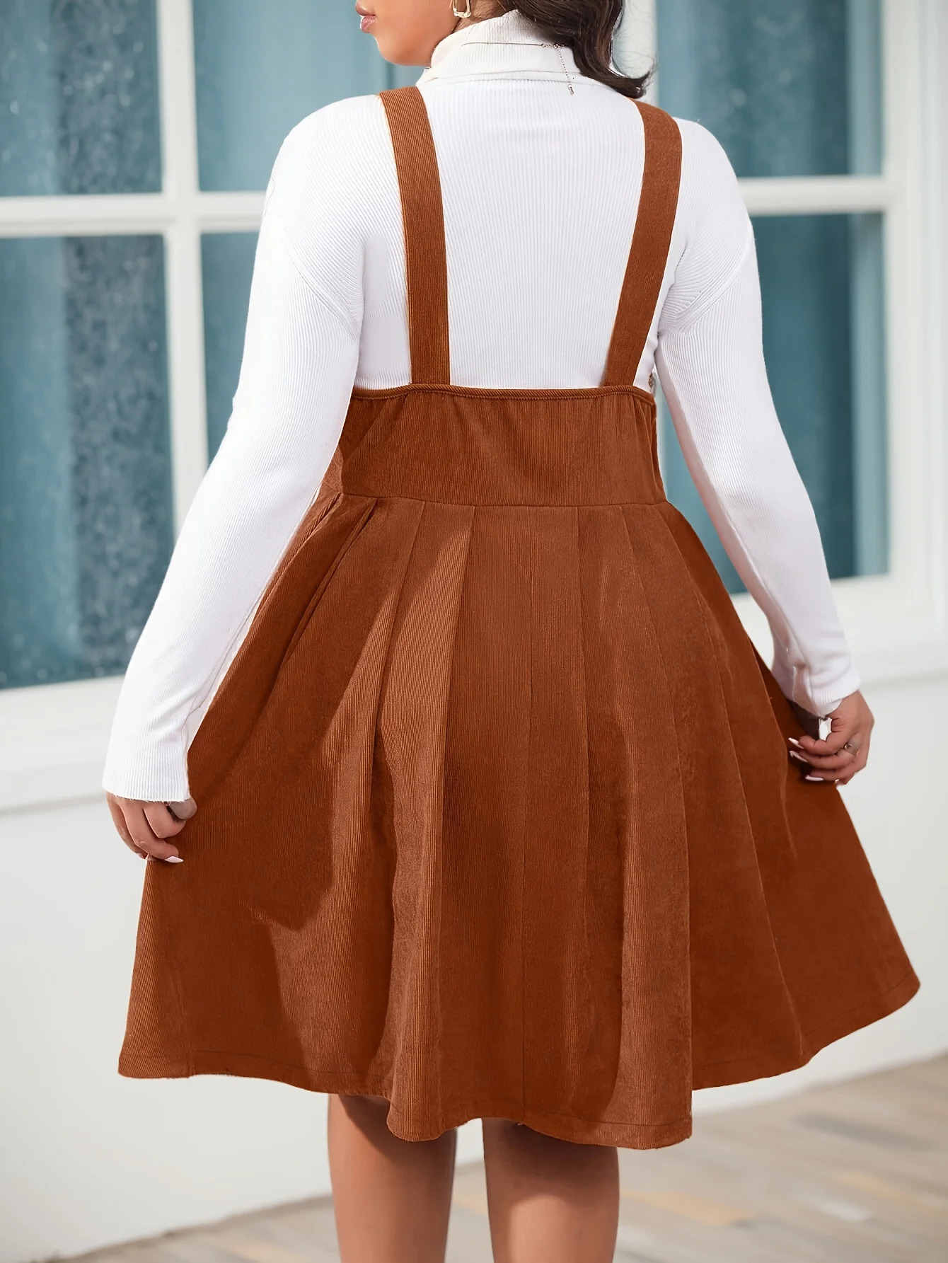 Plus size womens evening dress halter button pleated dress corduroy fabric can be paired with a base layer sweater elegant 250509