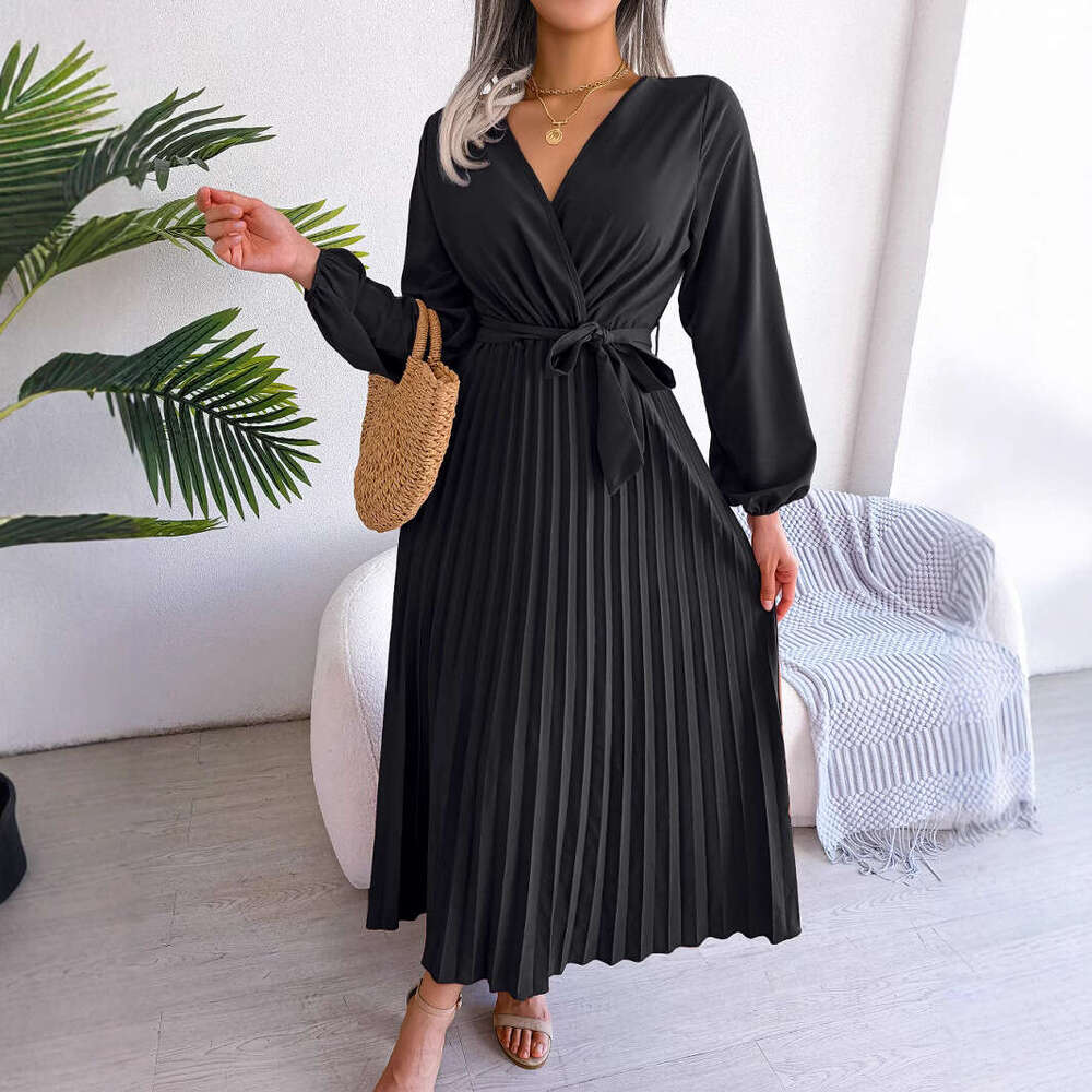 Explosive Real Shot European American Spring and Summer Style Cross V-neck Big Swing Hundred Fold Long Dress Women's 2025 New Casual Fashion Tren