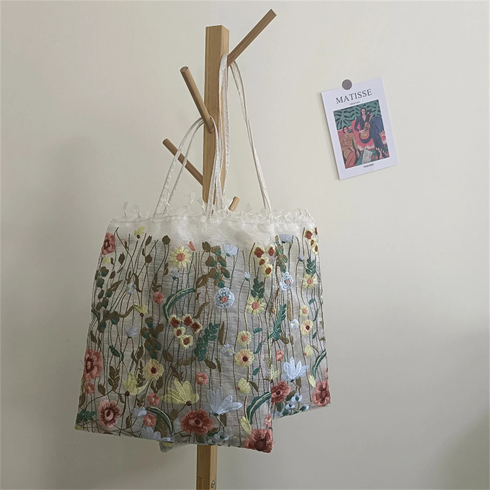 Fashion Tote Bag Summer Style Mesh Full Embroidery Flowers Clear Shoulder Bag Romantic Handbag Girl Womens Eco Shopping Bag 250515