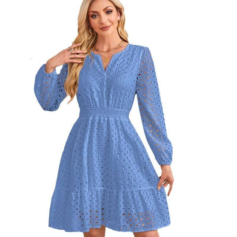 White Dress Maxi Dress 2024 Women's V-Neck Hollowed Out Eyelets Embroidered Pleated Long Sleeved Dress KQ