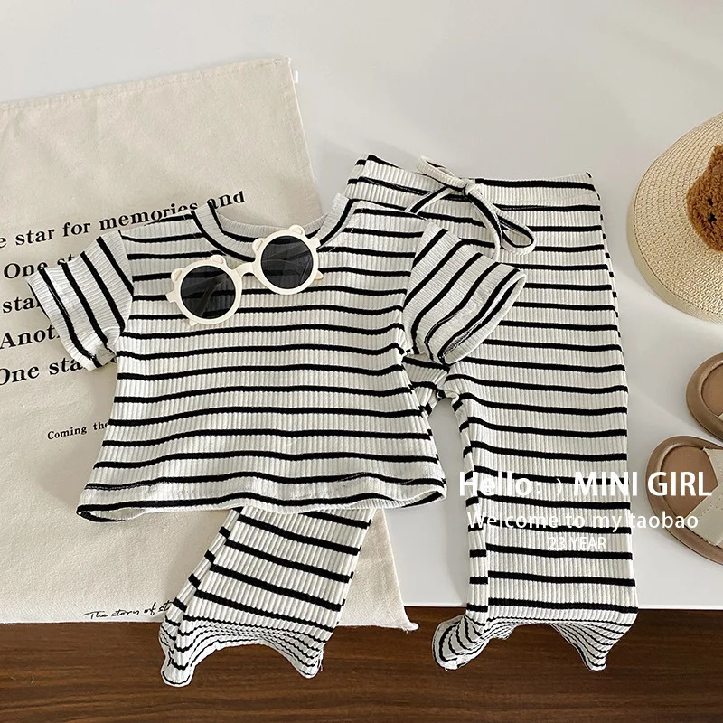 Childrens Clothing Sets Striped Short Sleeve Flare Pants 2pcs Kids Clothes Girls for 2 To 7 Years Baby Girl Outfit Set 250515