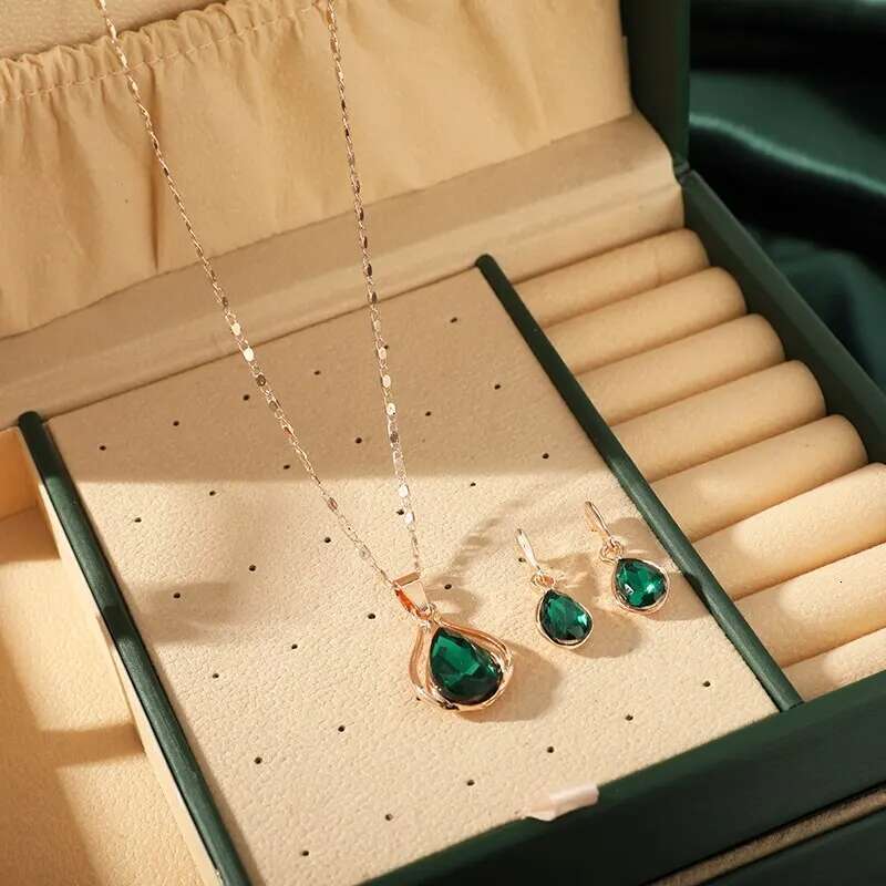 3Pcs Rose Gold-Color Necklace Earrings Green Crystal Glass Alloy Pendant Simple Fashion Style Jewelry Set