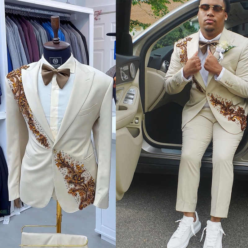 Handsome Crystal Wedding Tuxedos 2 Piece Set Jacket Pants Peaked Lapel Men Suit Designer Appliques Groom Blazers Customized