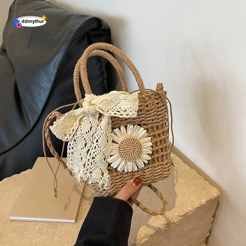 New Lace Bow Handbag Dacron Square Shape Straw Weave Small Bucket Tote Bag ddmythur