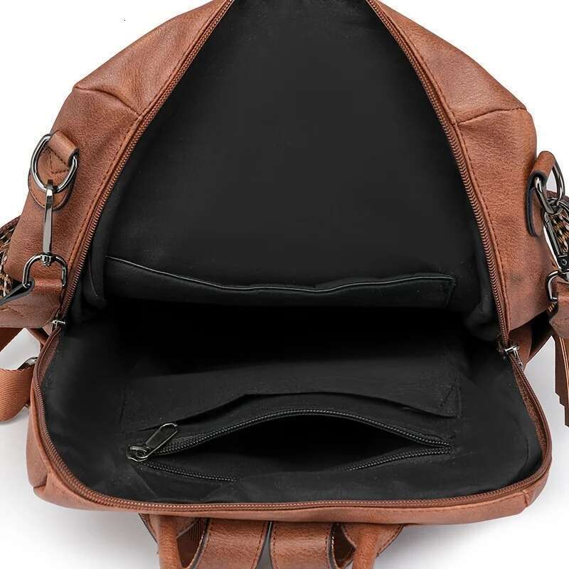 Vintage Women's Backpack Large Capacity Leopard Print Block Design With Tassel Stain-Resistant Leather