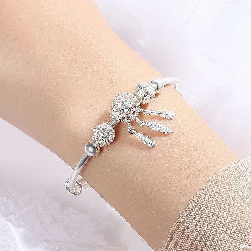 Sterling Sier Bracelets For Women Adjustable Bangle Dreamcatcher Tassel Feather Round Bead Charm Bracelet Wedding Jewelry