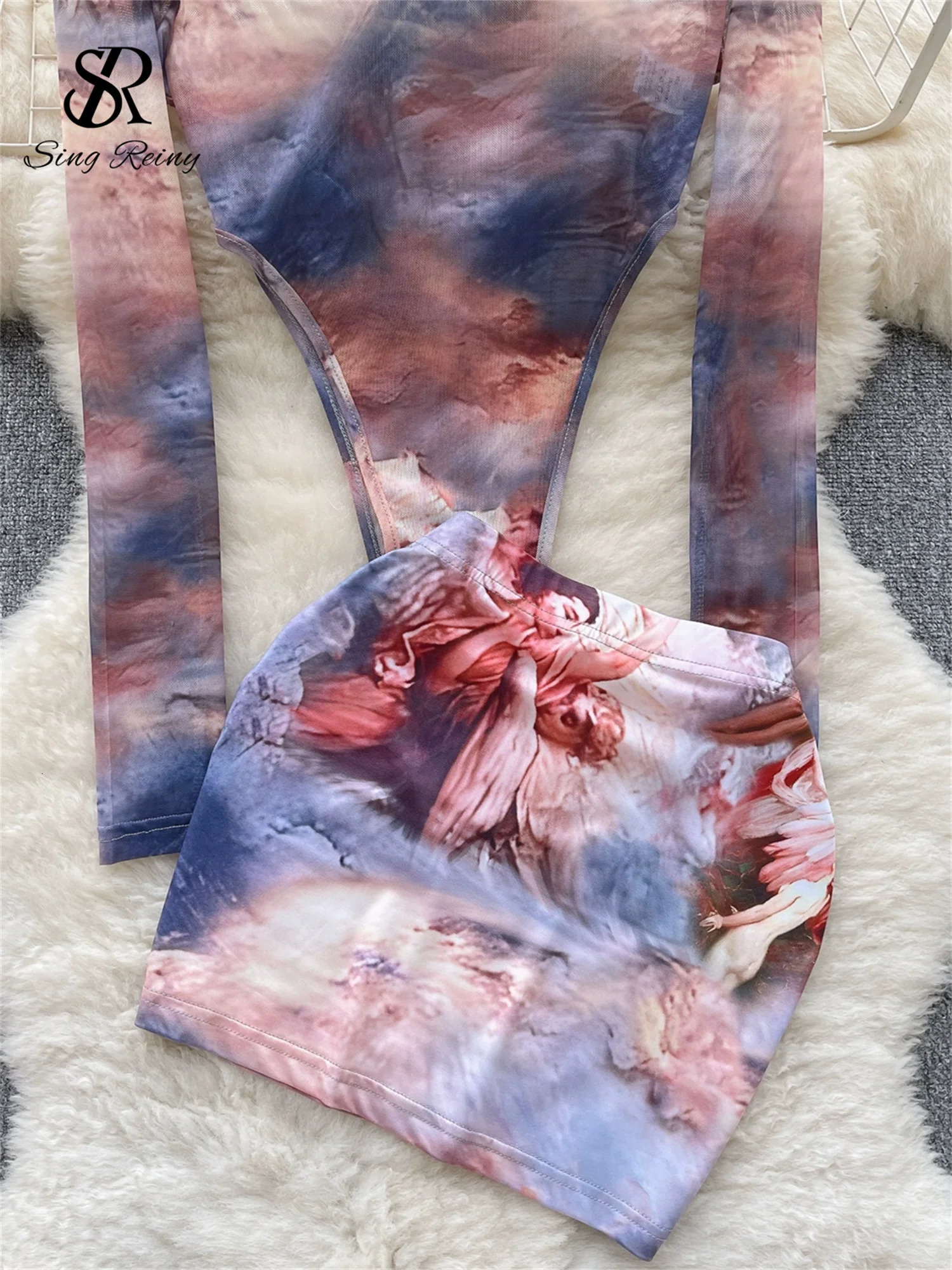 SINGREINY Fashion sweet Two Pieces Suits O Neck Long Sleeved Transparent BodySuit Top Skinny Mini Skirt Tie Dye Print Sets 250515