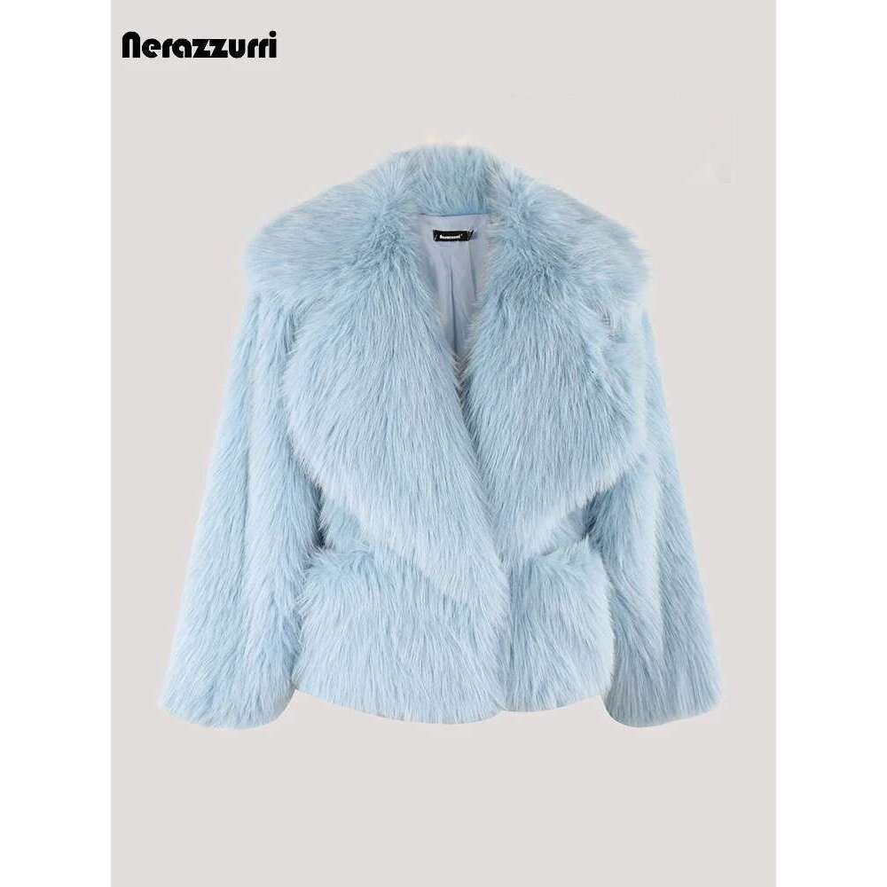 Nerazzurri Winter Short Loose Casual Hairy Soft Thick Warm Pink Faux Fur Coat Women With Big Collar And Pockets Fluffy Jacket