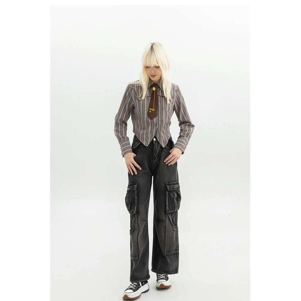 Women's Black Gothic Cargo Jeans Vintage Korean 90S Aesthetic Y2k Denim Trousers Haruku High Waist Cowboy Pants 2000S Clothes Designer