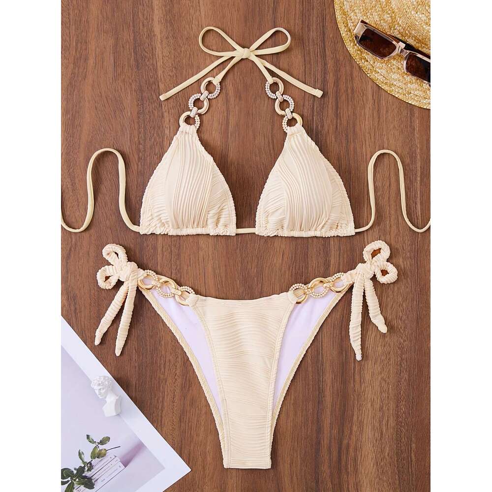 Sexy rhinestone ring halter bikinis sets two pieces solid thong tie swimsuit Swimwear bathing suit beach outfits biquini tankini