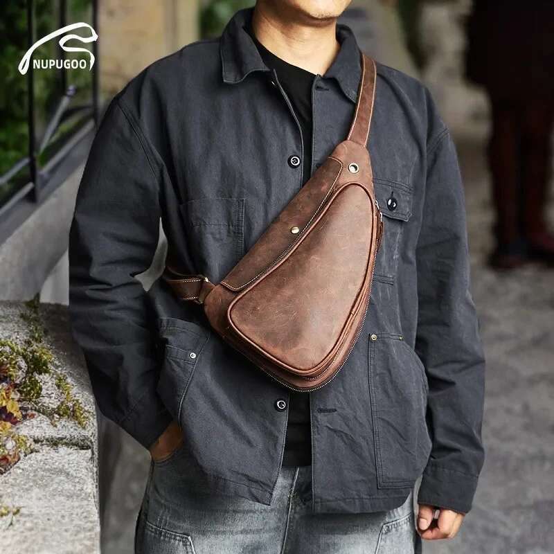 Nupugoo-Genuine Leather Vintage Chest Bag Men, Crossbody Shoulder, High Quality Leather, Multifunction Zipper For 9.7 Inch I