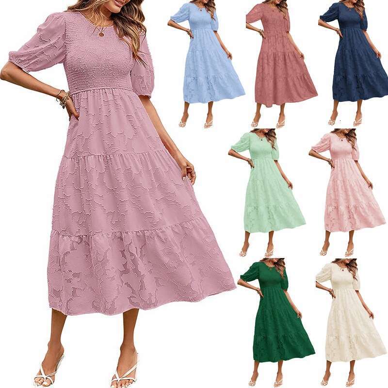 White Dress Maxi Dress 2024 Summer Women's Round Neck Folded Bubble Sleeves Layered Flower Dress KQ