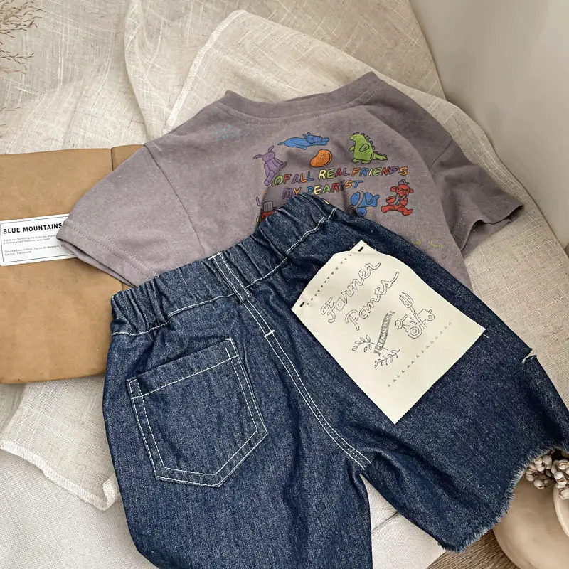 Korean Summer Baby Boy Shirt Pure Cotton Contrat Animal Letter Short Sleeve Kid Boy Tees Soft Round Collar Little Boy Undershirt 250515