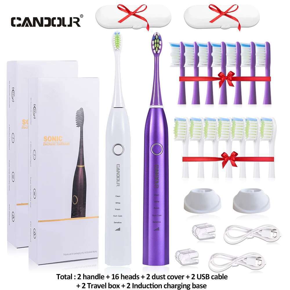 CANDOUR CD-5168 Sonic Electric Rechargeable Toothbrush IPX8 Waterproof 15 Mode USB Charger Replacement Heads Set
