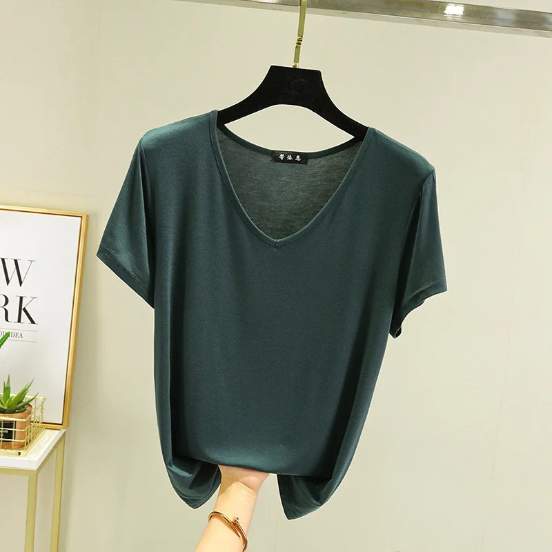 Summer women Modal V-Neck Tshirt Thin Bottoming T-shirts Plus size Loose tee tops Streetwear Basic Top 250515