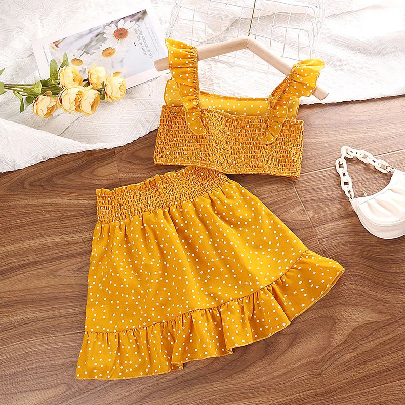 Girls Clothing Set 5-12T Tri-Color Optional Flying Sleeve Square Collar Vest Top Lace Skirts Children Girls Baby Clothes Set 250515