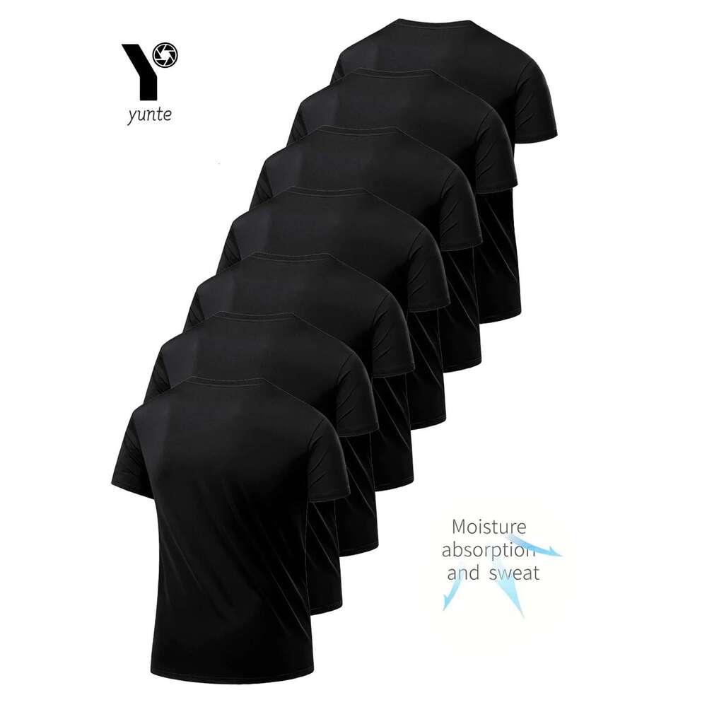 Round Neck T-Shirt 7-Piece Black Ultra-Light Men's Quick-Drying Breathable Sweat-Absorbent Shirt Suitable for Fiess Gym and Ru