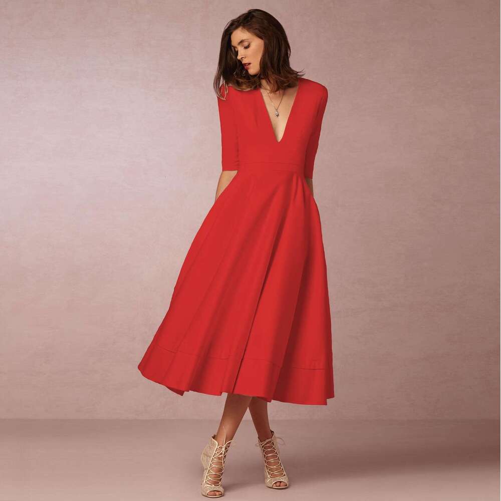 White Dress Maxi Dress 2024 New Women's Evening Sexy Deep V Mid Sleeves Large Hem Dress KQ