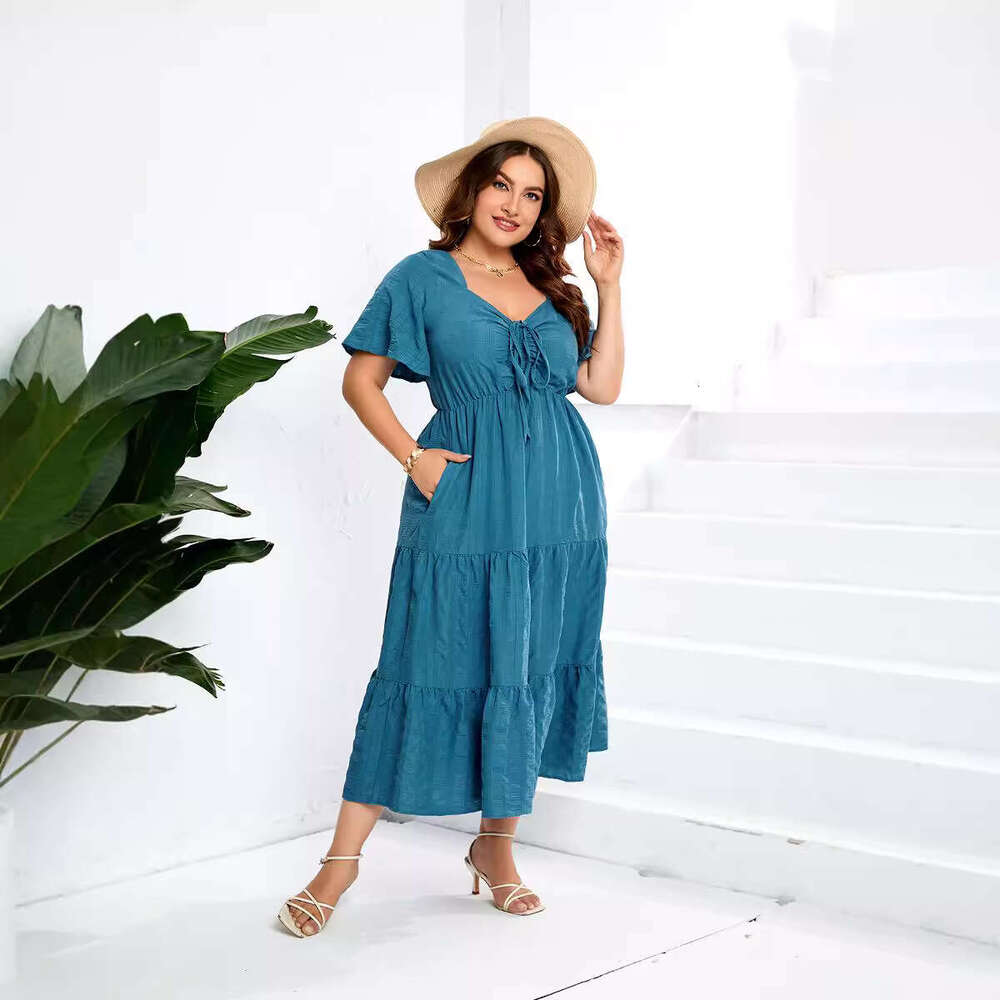 Plus Size Undefined Summer Dresses Tender Womens Dresses Buttock Devise Dresses for Woman Dress Designer V-neck High Waist Long Short Sleeve Large Siz