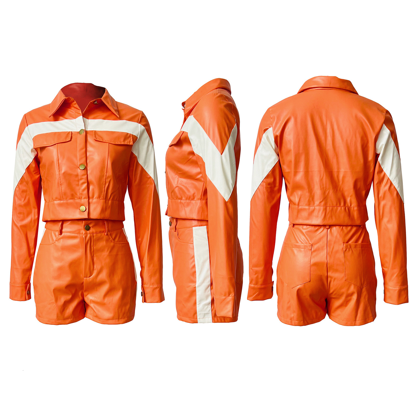 HR23033 Fashion Womens Spring/Summer New Leather Contrast Buckle Lapel Workwear Two Piece Set
