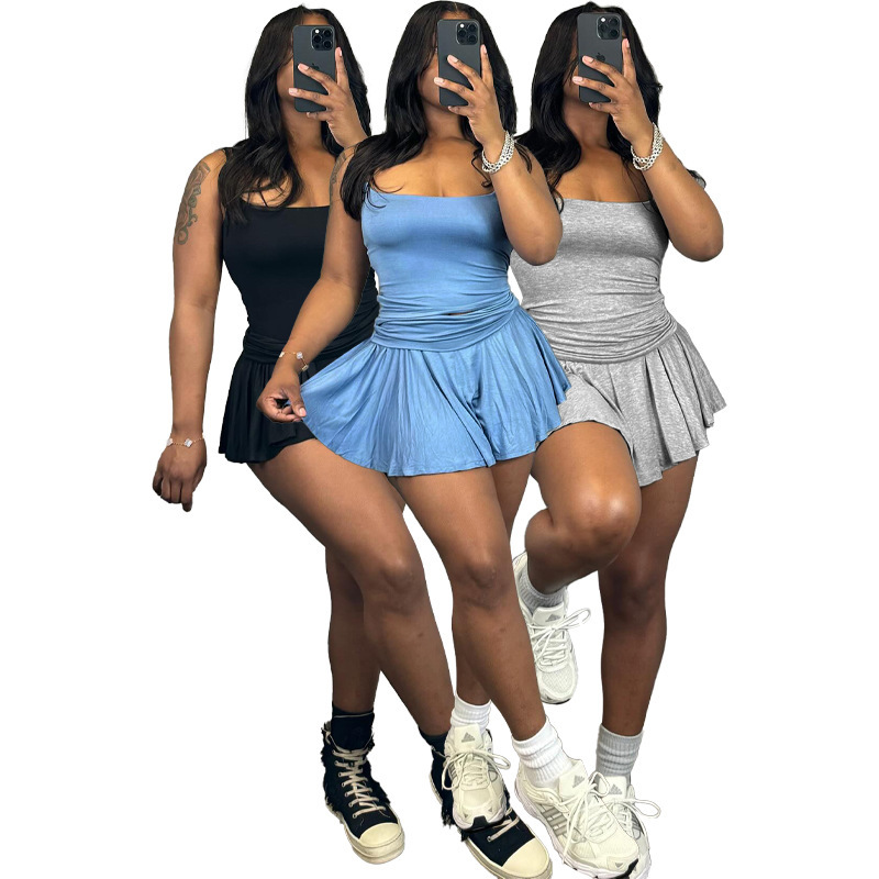 HR24033 Womens sexy and cute tight fitting suspender pleated flared skirt set (with safety pants)